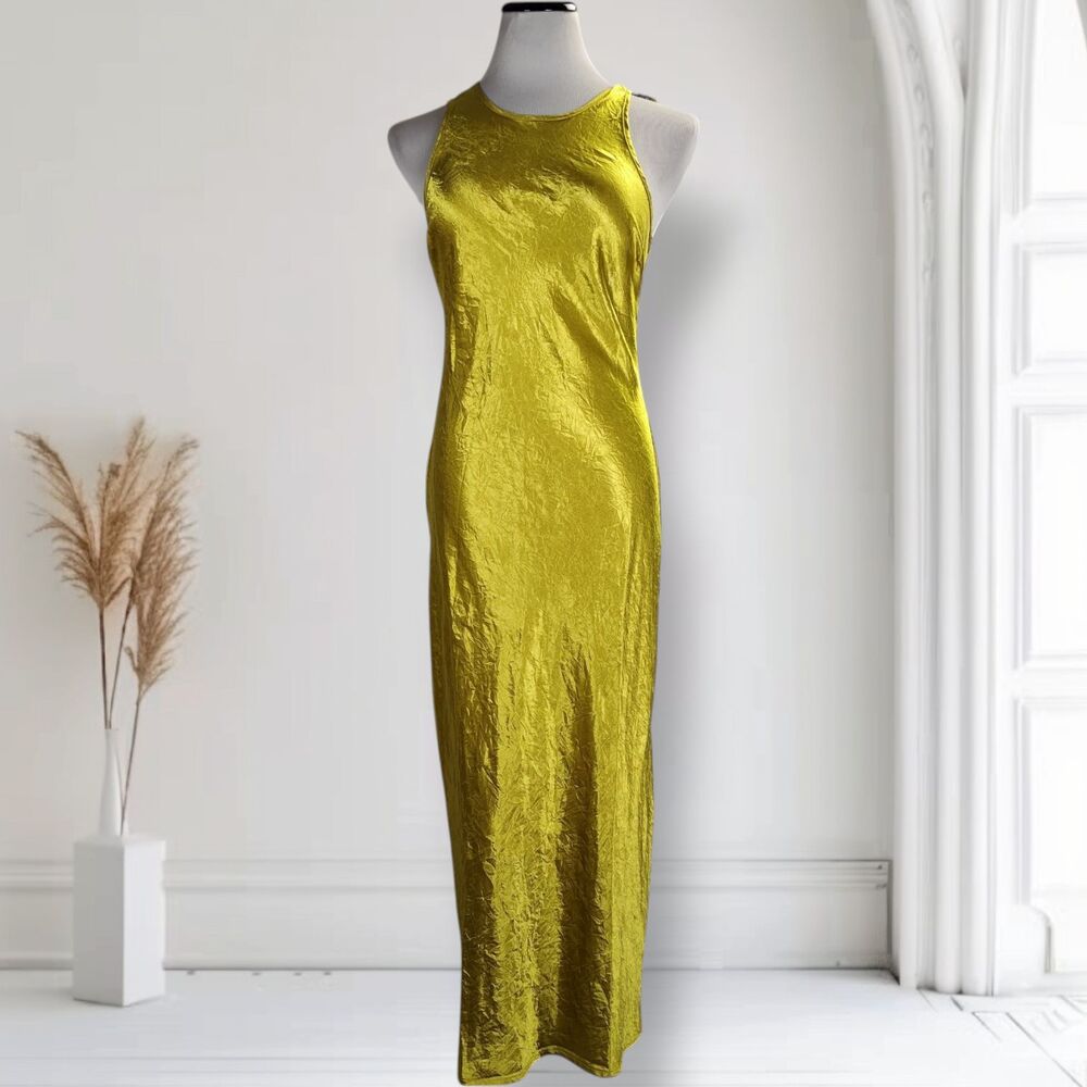 House of Harlow Crinkle Satin Midi Dress Size S Chartreuse Bias Cut